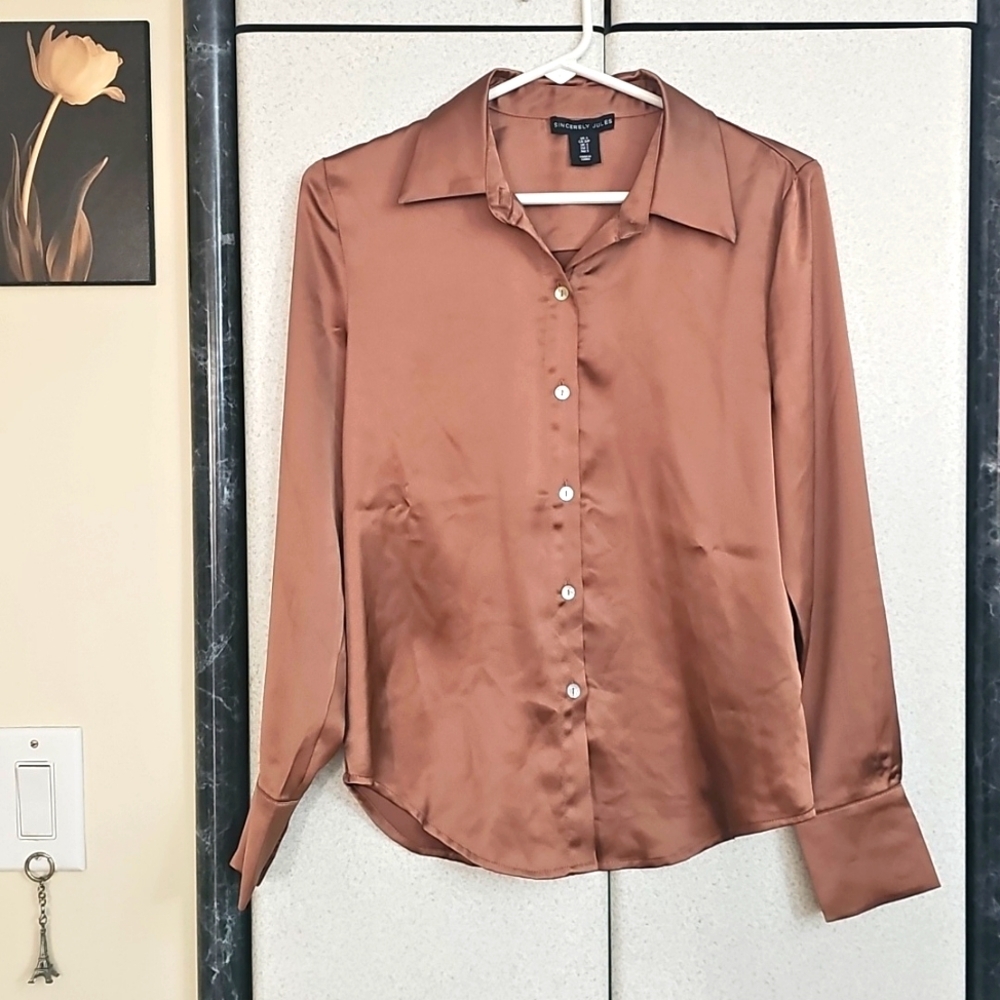 Sincerely Jules Mocha Button-Up Long Sleeve Blouse, Size S